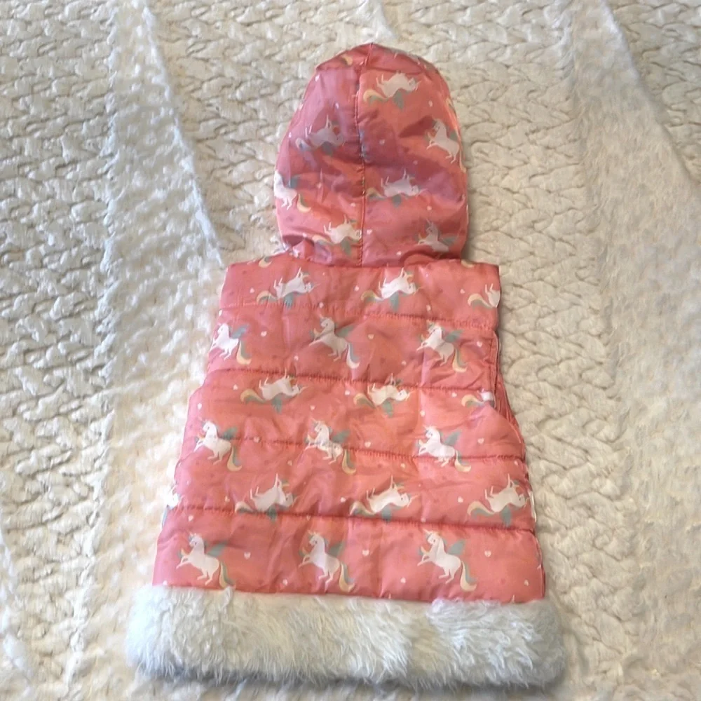 LITTLE LASS unicorn hooded puffer vest toddler girls faux fur trim zipped 3T